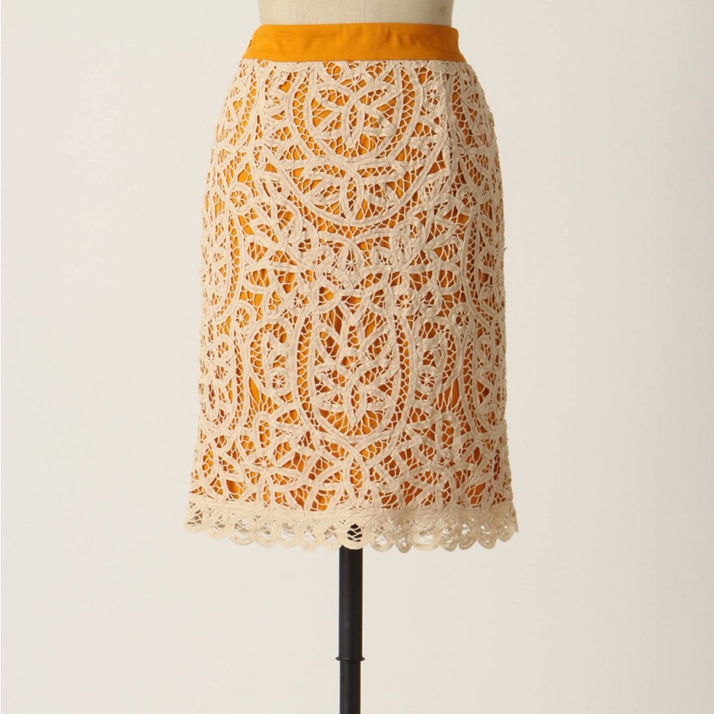 Anthropologie Odille Lacemaker Orange Ivory Sateen Lace Pencil Skirt 8